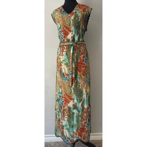 Vintage Ubu Paisley Floral Popcorn Maxi Dress Boho Scalloped Lace Trim Belted